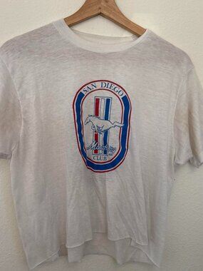 1970s Ford Mustang Club San Diego cropped white t-shirt with blue/red oval logo